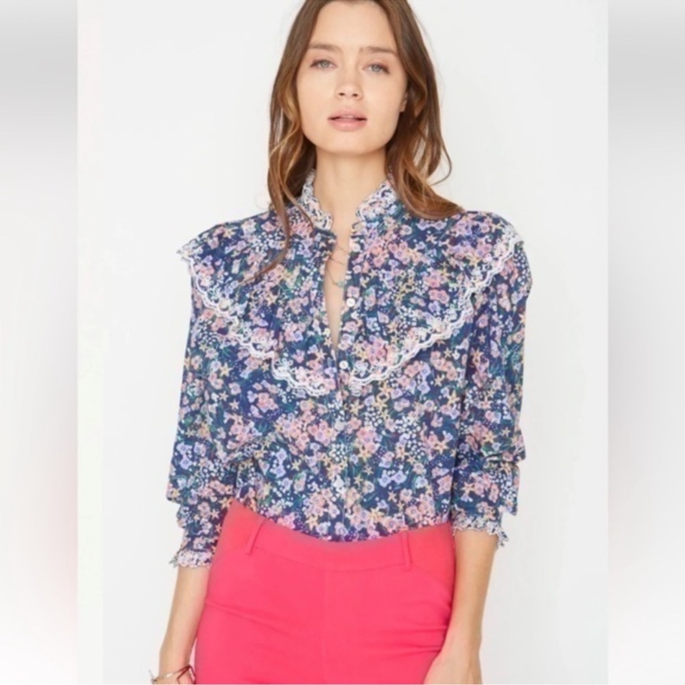 Anthropologie Caballero Elizabeth‎ Top Bright Blooms Floral Ruffle Lace Blouse L